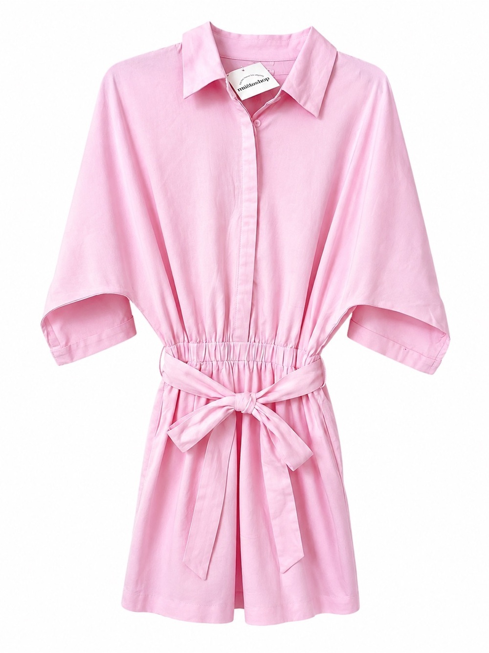 mittoshop Pink Short Sleeve linen blend  Tie-Waist Romper